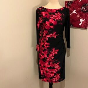 Lauren Ralph Lauren Ruched Side Three-quarter Sleeved Lined Floral Dress, sz 4